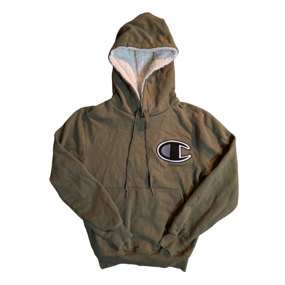 Champion S3698 9AX Hoodie Mens XS Olive Green Sherpa Lined Hood Logo Patch